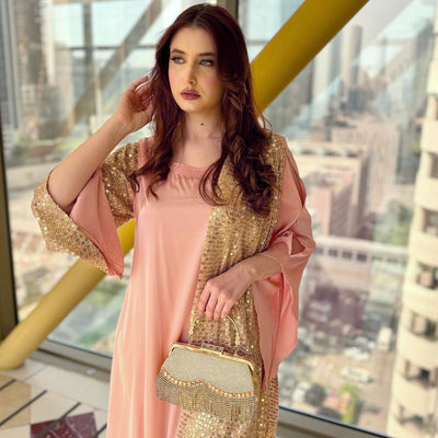 Pink Silk gown designed with fancy chiffon sequins fabric