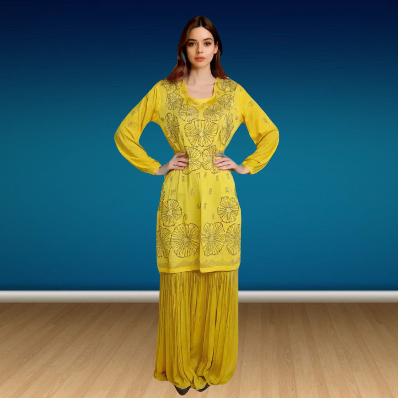 3 piece chiffon dress palazzo with short shirt (modern style handwork embroidery)
