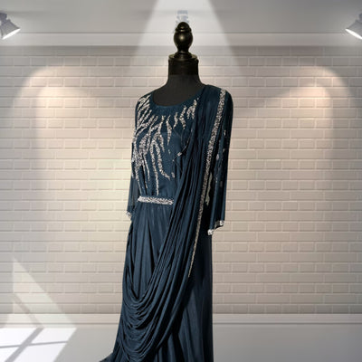 Blue fancy Western style Maxi Gown  (Cutdana & Moti work)