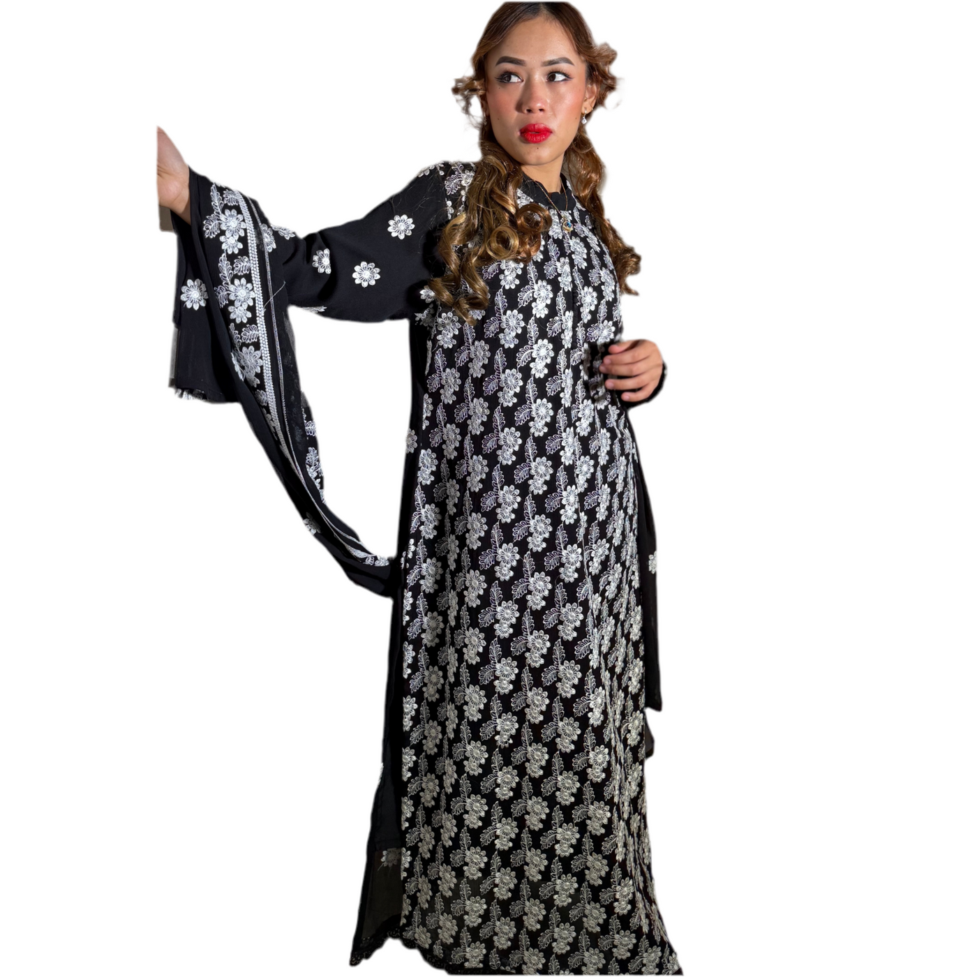 3 piece Black Chiffon Dress with White Embroidery and Silk Trouser
