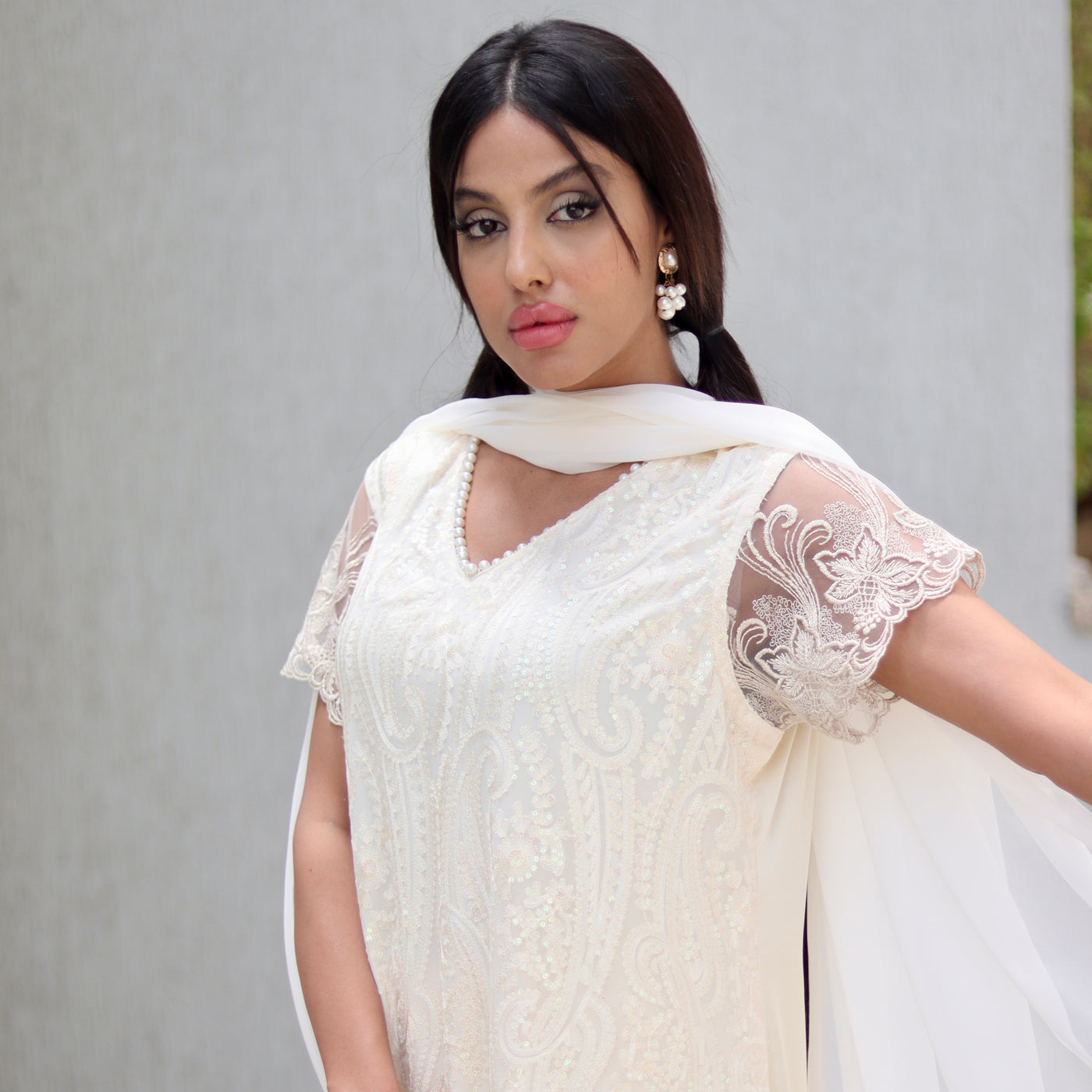 Cream Chikankari 3-Piece Dress – Formal | Office | Party Wear