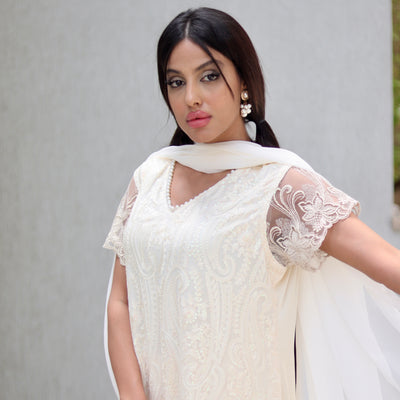 Cream Chikankari 3-Piece Dress – Formal | Office | Party Wear