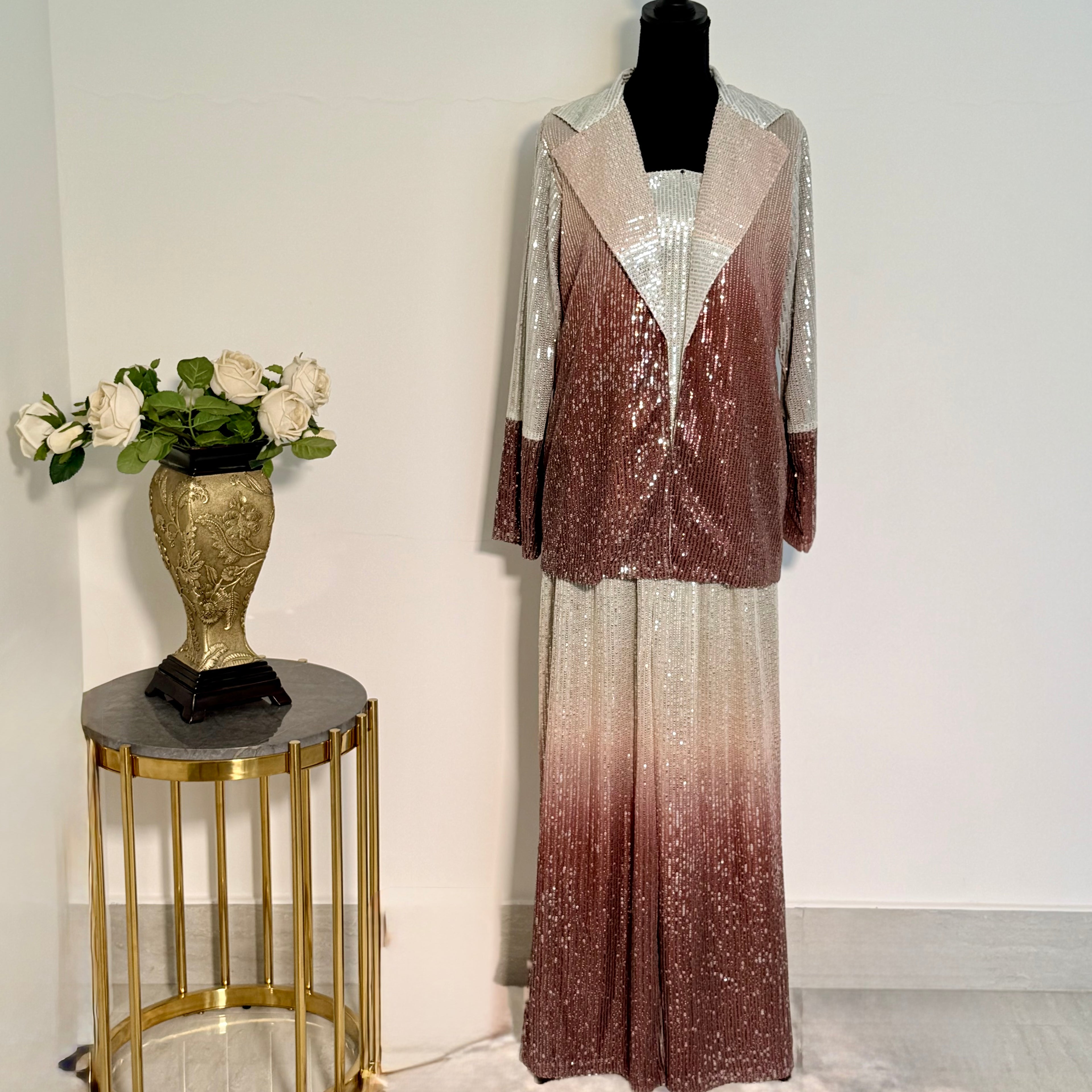 Glittering Sequin Jacket & Trouser Stitched 3 Pcs Set