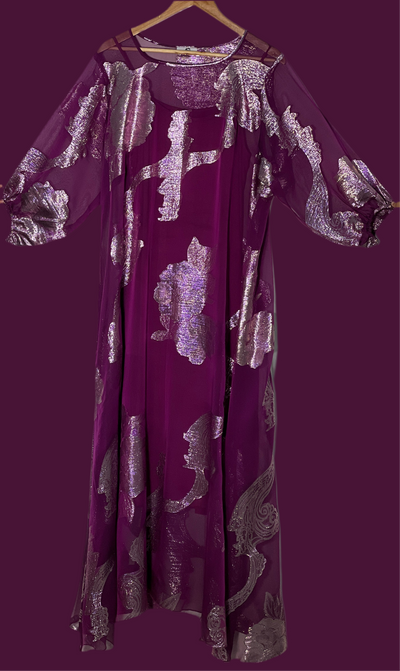 A Line Wine Purple Premium pure French silk chiffon fabric with gold metallic lurex in floral design
