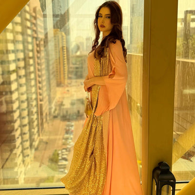 Pink Silk gown designed with fancy chiffon sequins fabric
