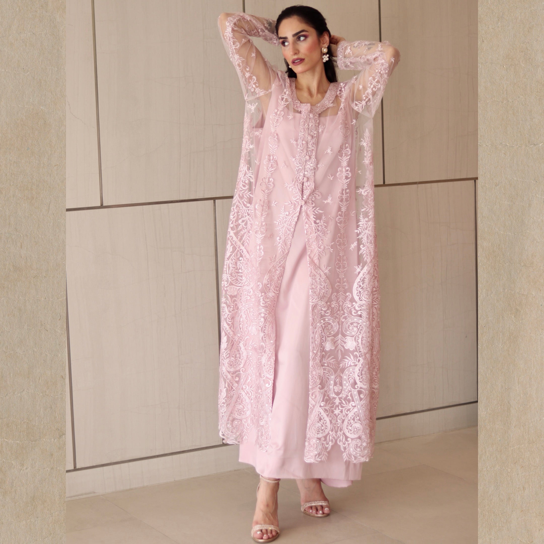 Pink Oasis-Thread embroidery & Water Sequins Stitched 3 Pcs