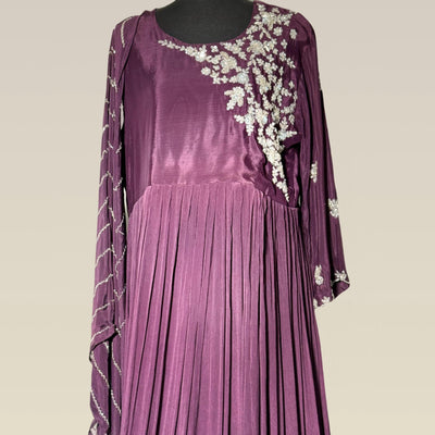 Elegant purple chiffon gown with hand embroidery and sequence