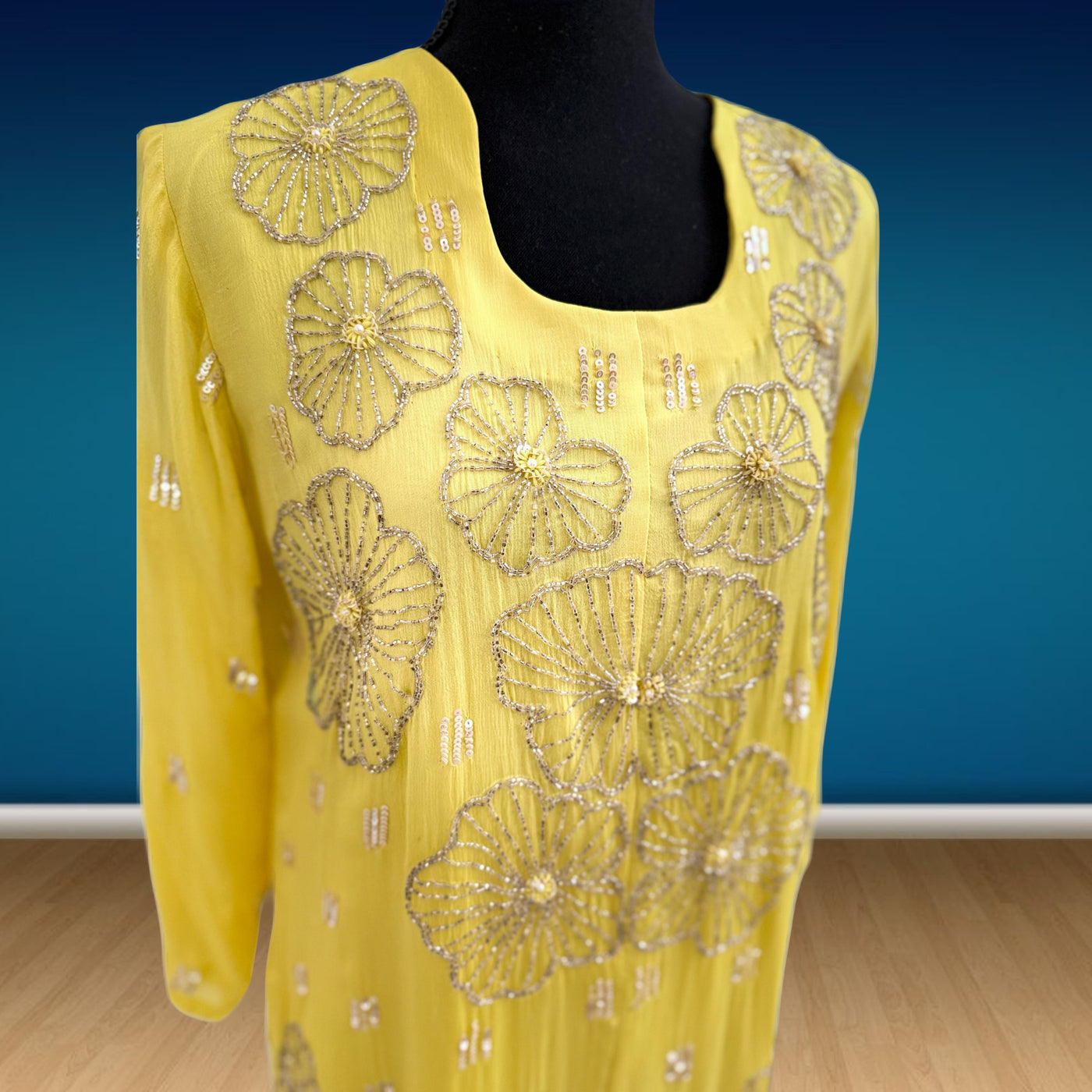 3 piece chiffon dress palazzo with short shirt (modern style handwork embroidery)