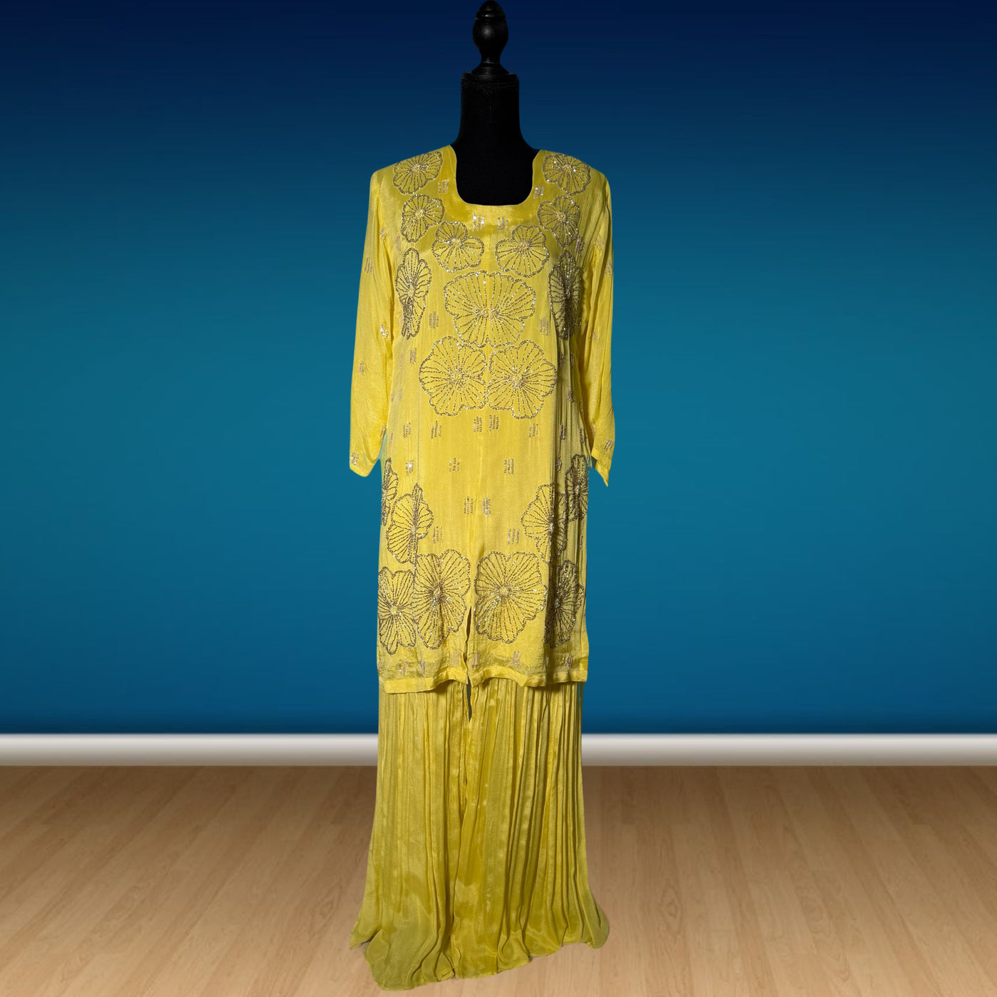 3 piece chiffon dress palazzo with short shirt (modern style handwork embroidery)