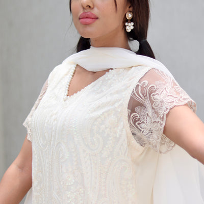 Cream Chikankari 3-Piece Dress – Formal | Office | Party Wear