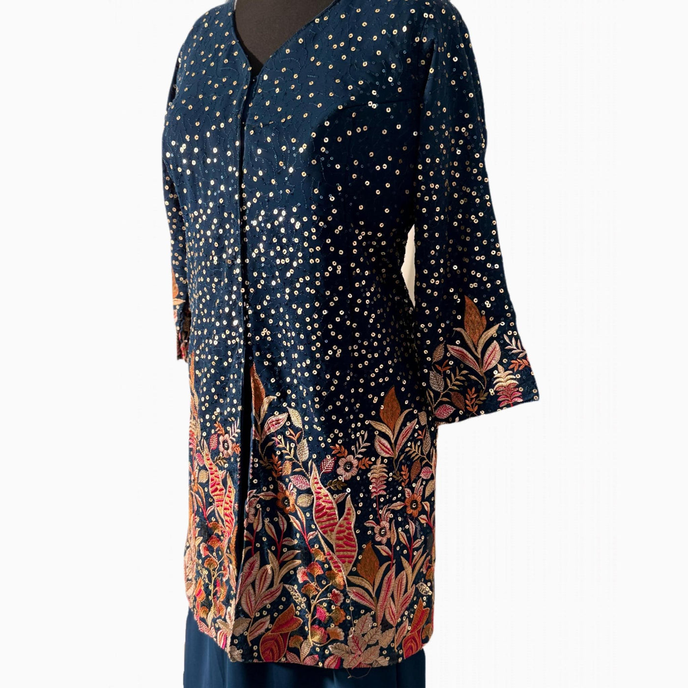 Navy blue Chiffon Sequence thread work palazzo trousers with short shirt and dupatta