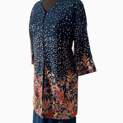 Navy blue Chiffon Sequence thread work palazzo trousers with short shirt and dupatta