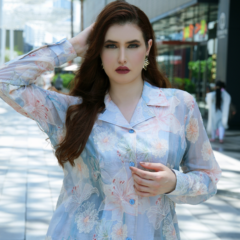 Pure paper Swiss position print Ensemble with Chikenkari Work