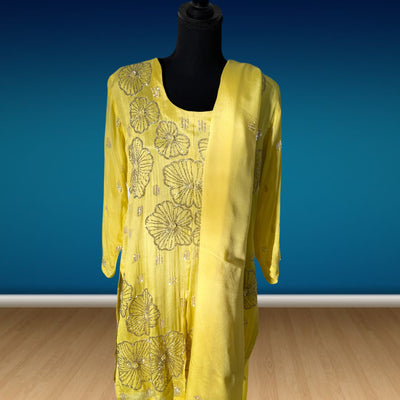 3 piece chiffon dress palazzo with short shirt (modern style handwork embroidery)