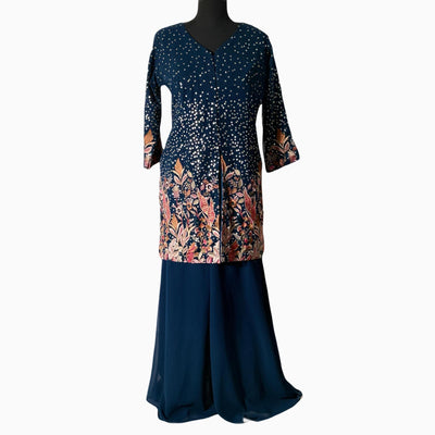 Navy blue Chiffon Sequence thread work palazzo trousers with short shirt and dupatta