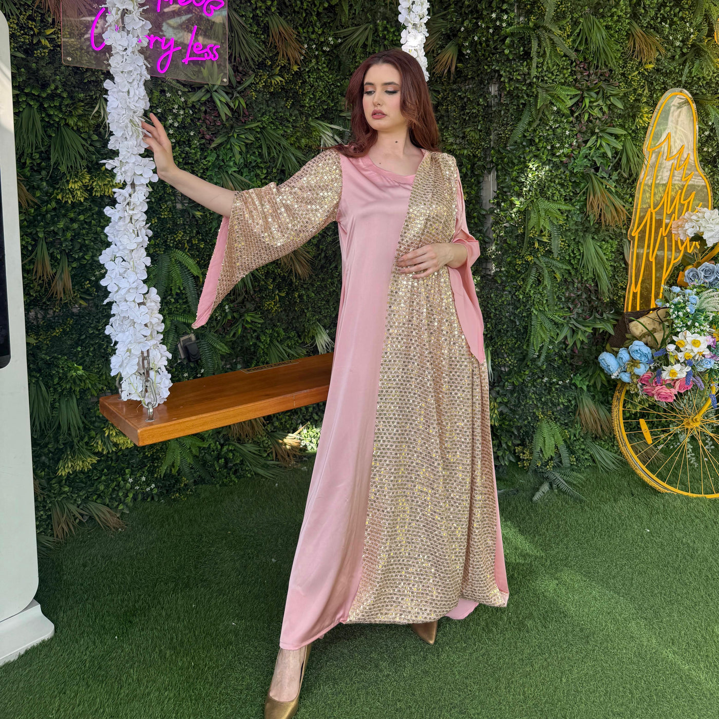 Pink Silk gown designed with fancy chiffon sequins fabric