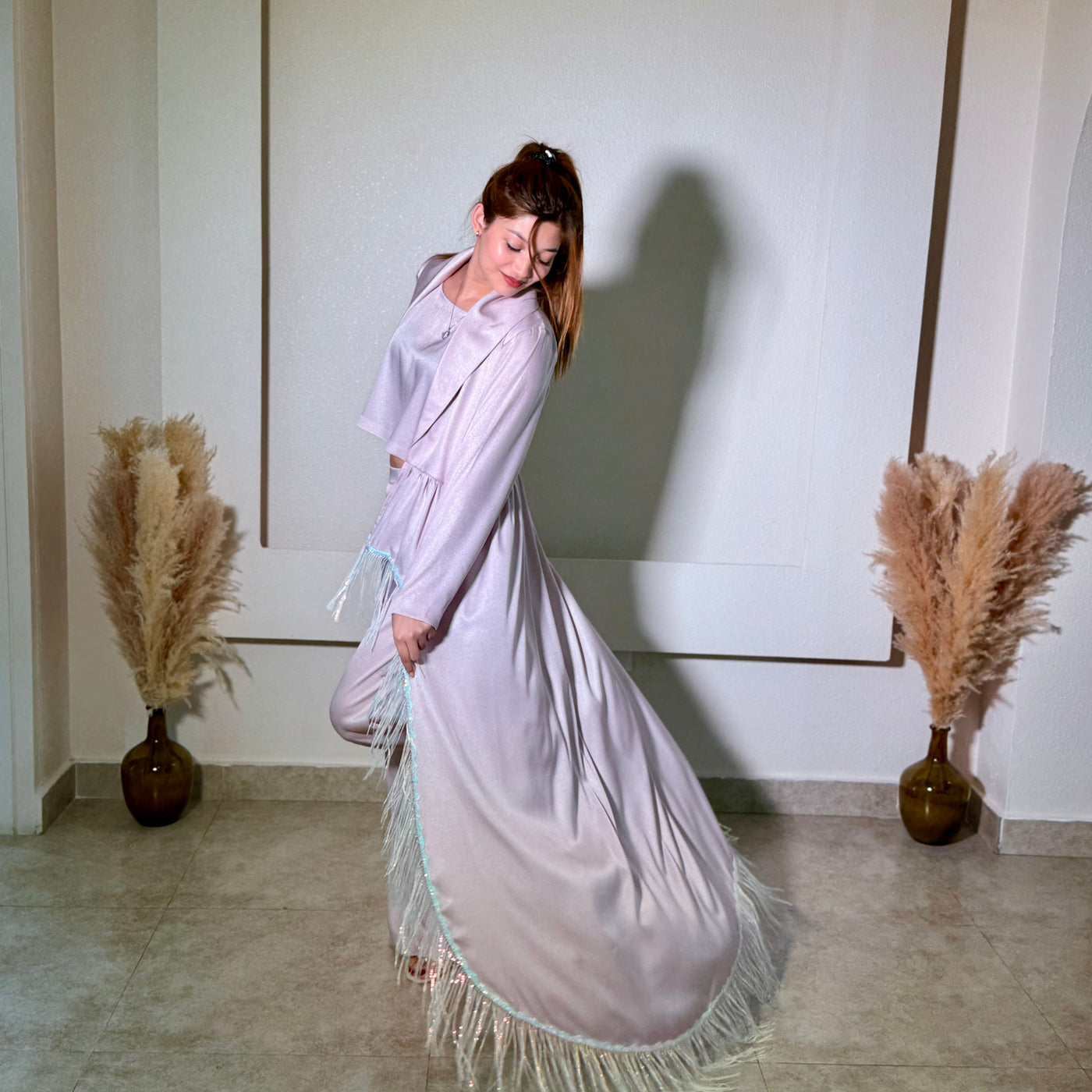 Pink Flared High-Waisted Pants with Deep V-Neck Top and inner (3-Piece Set)