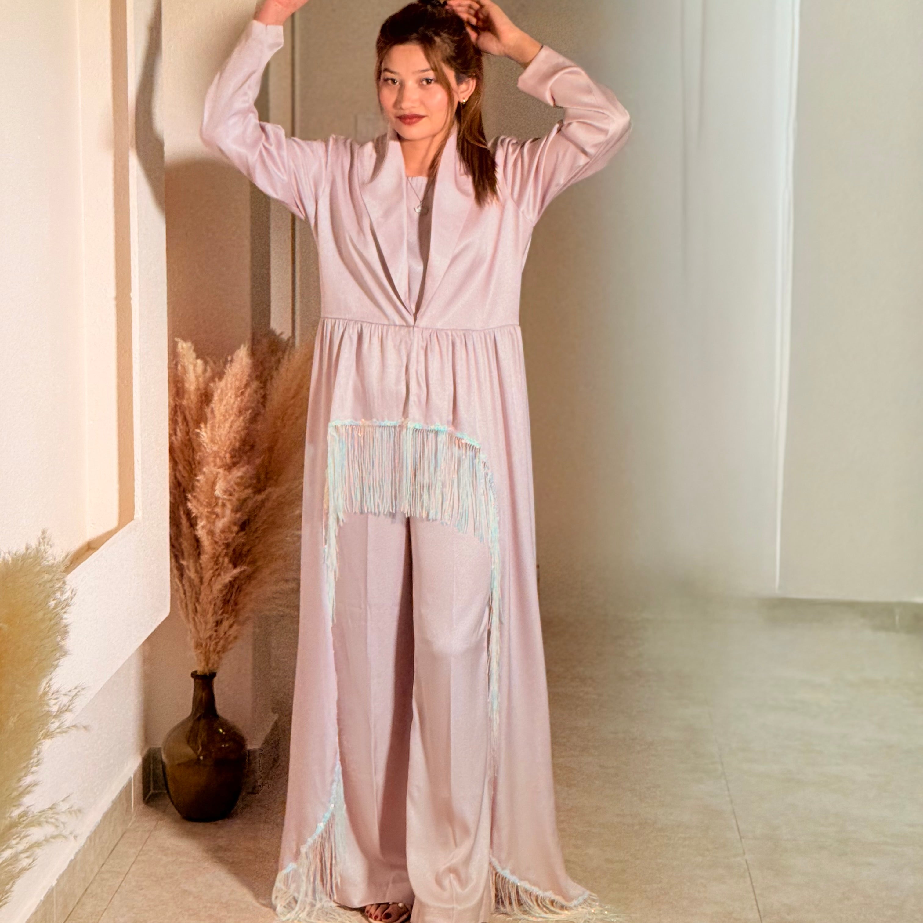 Pink Flared High-Waisted Pants with Deep V-Neck Top and inner (3-Piece Set)