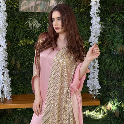 Pink Silk gown designed with fancy chiffon sequins fabric