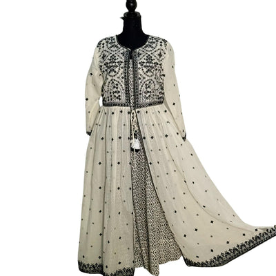 Mulmul Black and Cream Open Long Frock with Thread Work