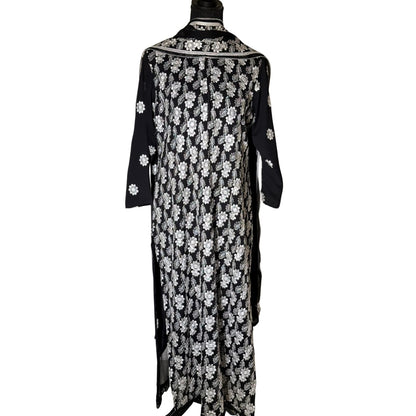 3 piece Black Chiffon Dress with White Embroidery and Silk Trouser