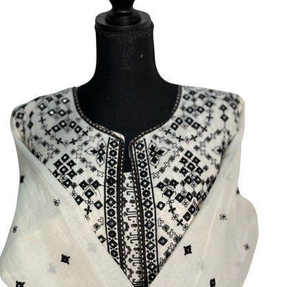 Mulmul Black and Cream Open Long Frock with Thread Work