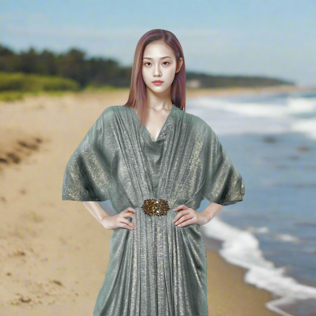Sky blue V-Neck Kaftan with Motif