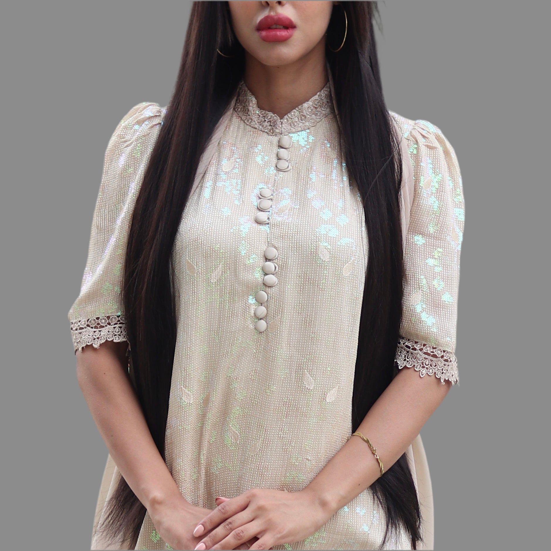 Echo Beige Satin kurta style Stitched 3 Pcs