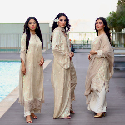 Cloud Beige Silk Stitched 3 Pcs Set