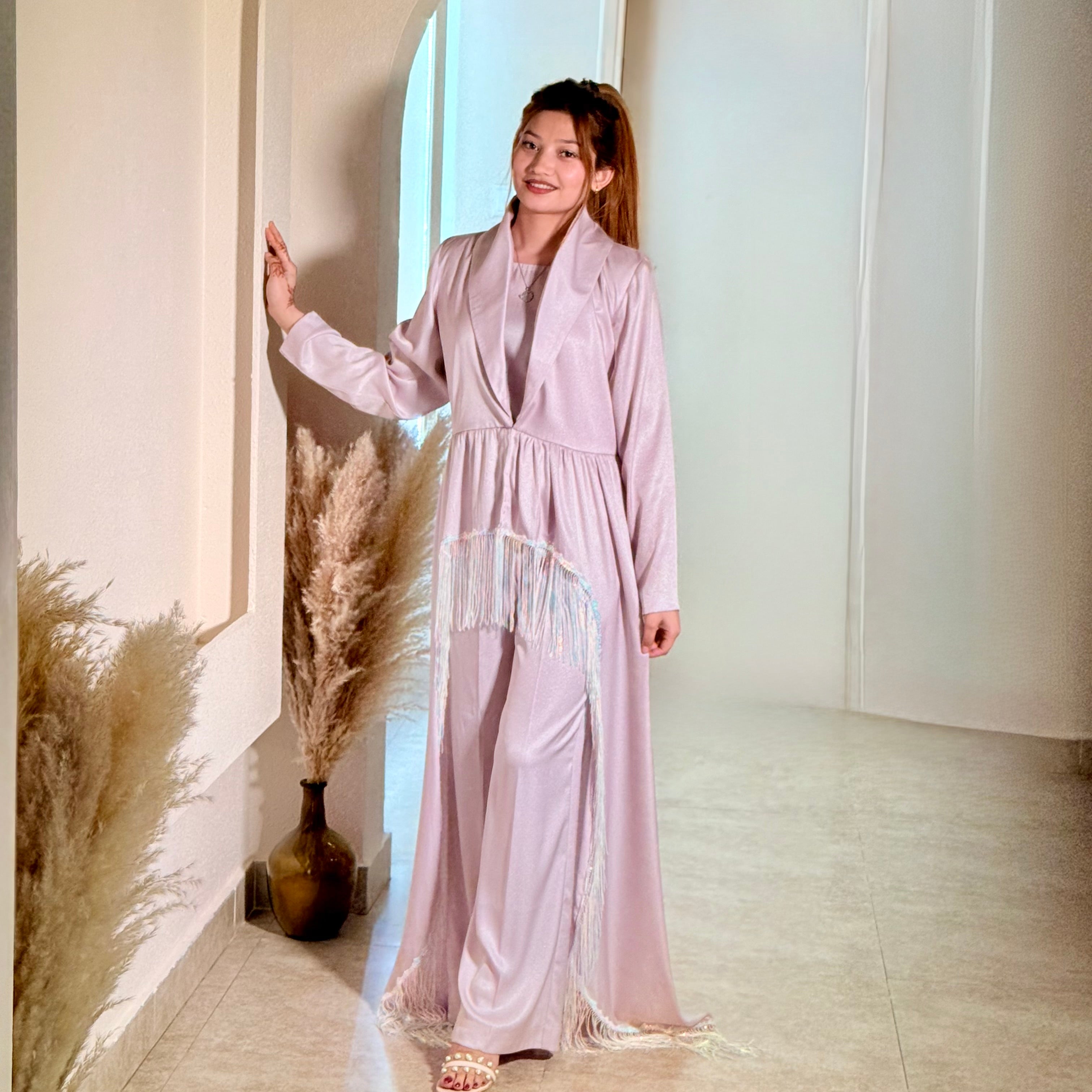 Pink Flared High-Waisted Pants with Deep V-Neck Top and inner (3-Piece Set)