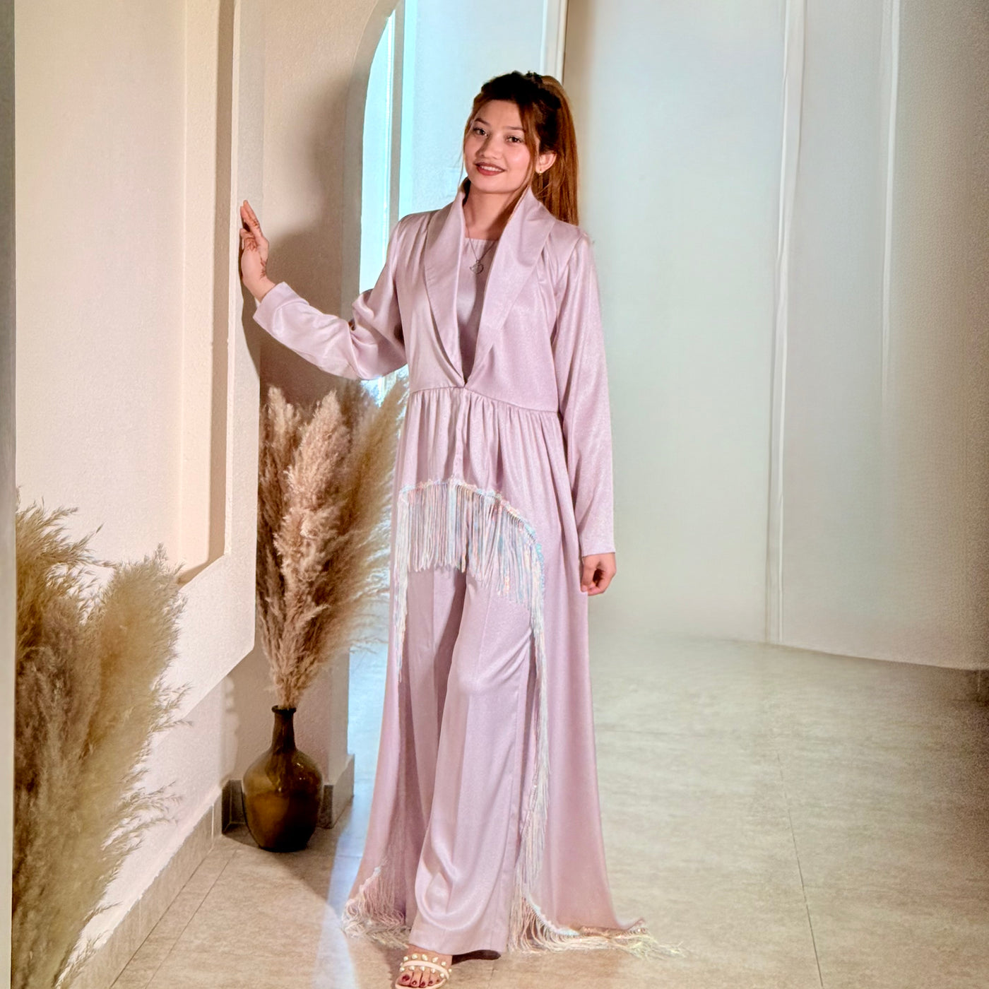 Pink Flared High-Waisted Pants with Deep V-Neck Top and inner (3-Piece Set)