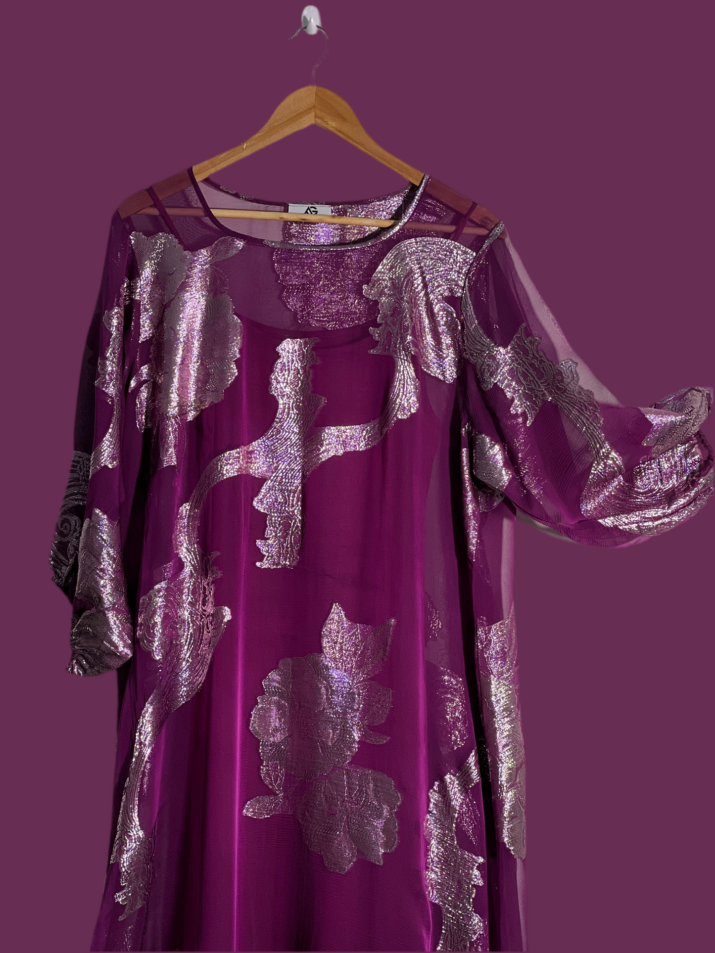 A Line Wine Purple Premium pure French silk chiffon fabric with gold metallic lurex in floral design
