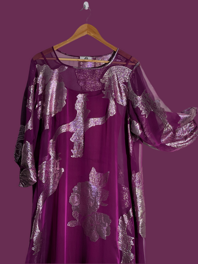 A Line Wine Purple Premium pure French silk chiffon fabric with gold metallic lurex in floral design