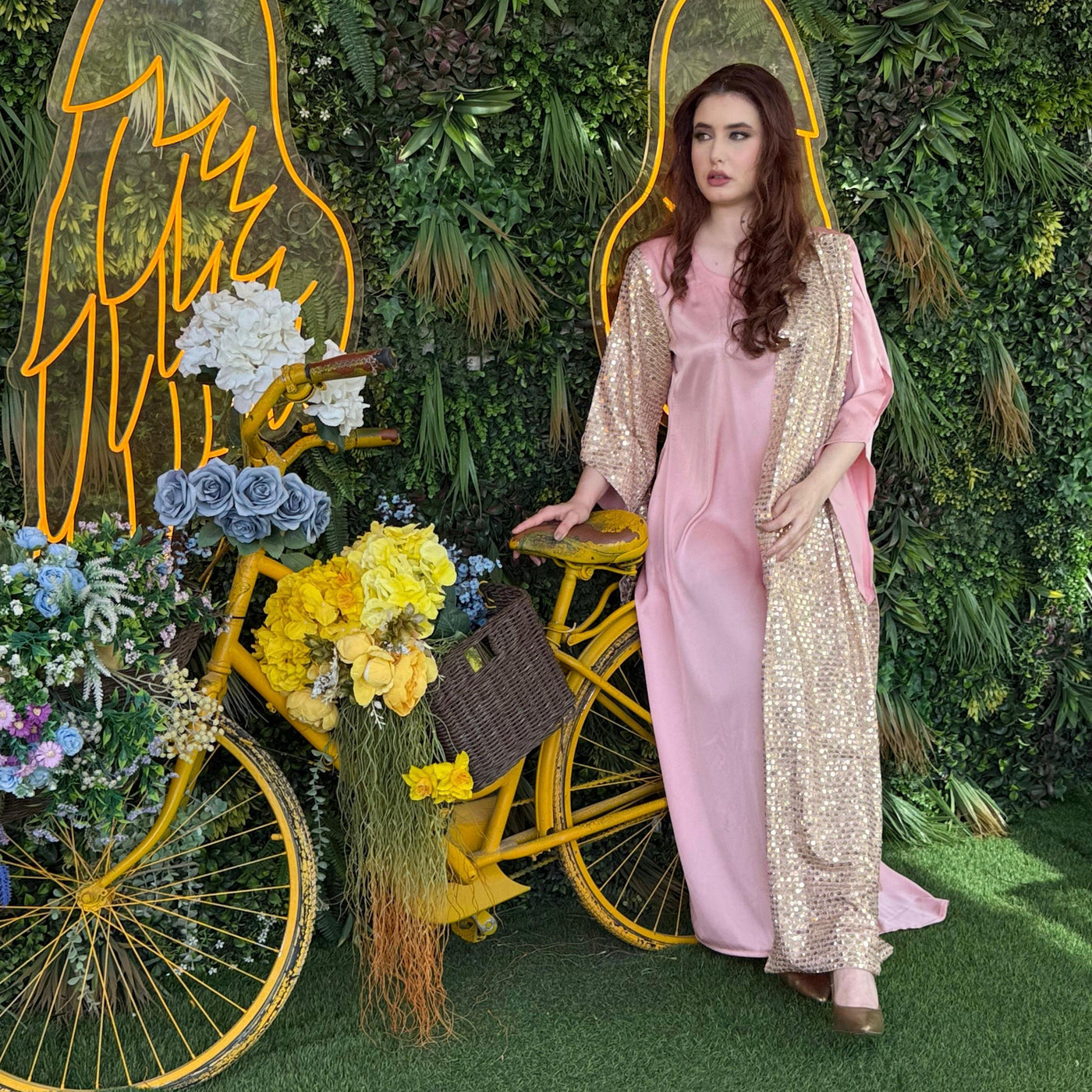 Pink Silk gown designed with fancy chiffon sequins fabric