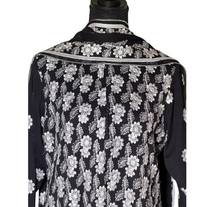 3 piece Black Chiffon Dress with White Embroidery and Silk Trouser