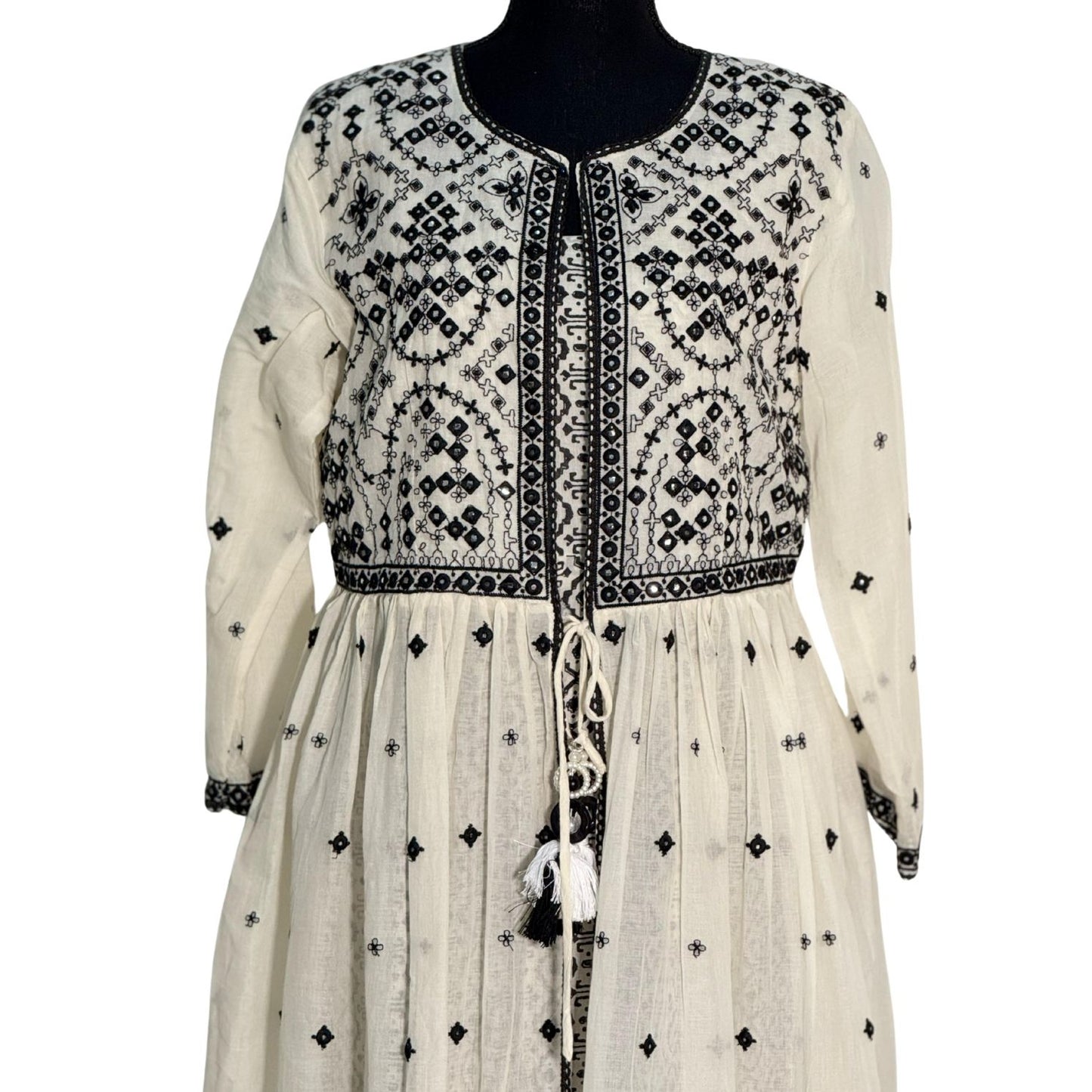 Mulmul Black and Cream Open Long Frock with Thread Work