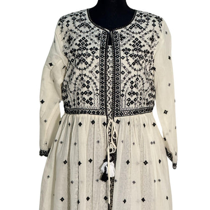 Mulmul Black and Cream Open Long Frock with Thread Work