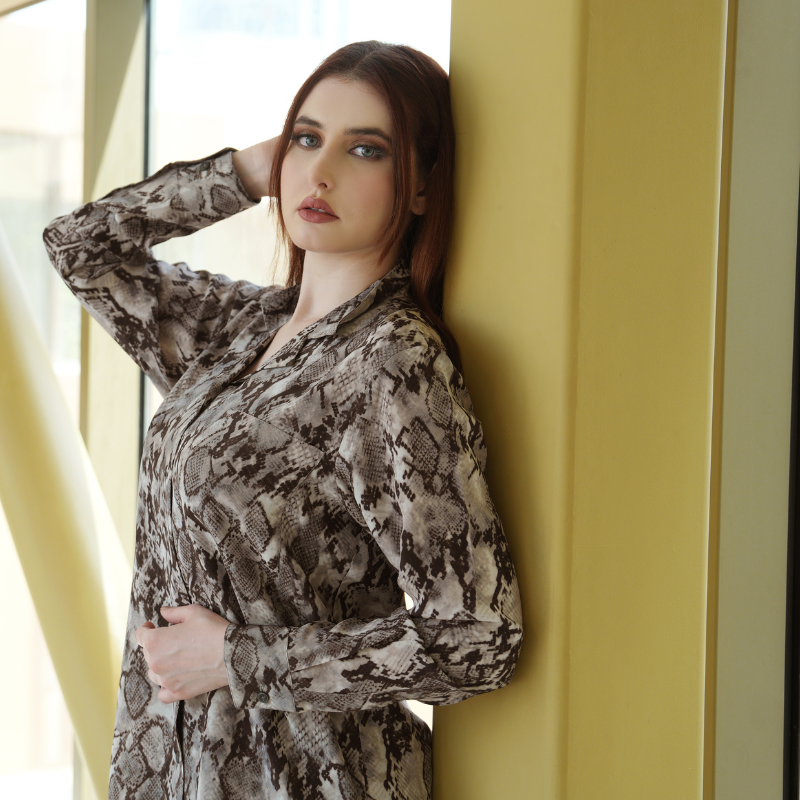 Snake Print Satin Top Stitched 1 Pc