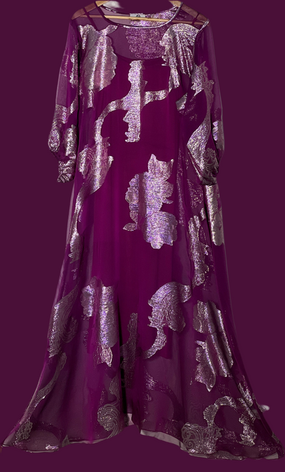 A Line Wine Purple Premium pure French silk chiffon fabric with gold metallic lurex in floral design