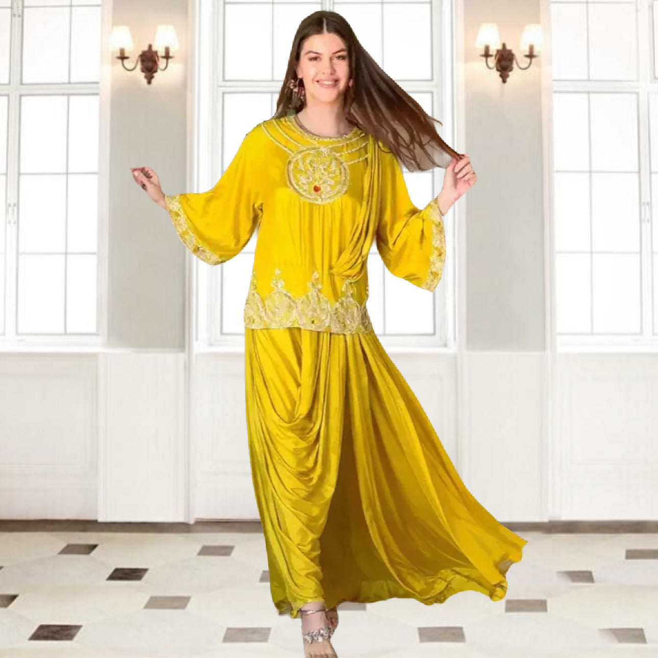 Mustard gown with Serma hand Embroidery