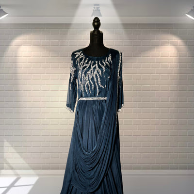Blue fancy Western style Maxi Gown  (Cutdana & Moti work)