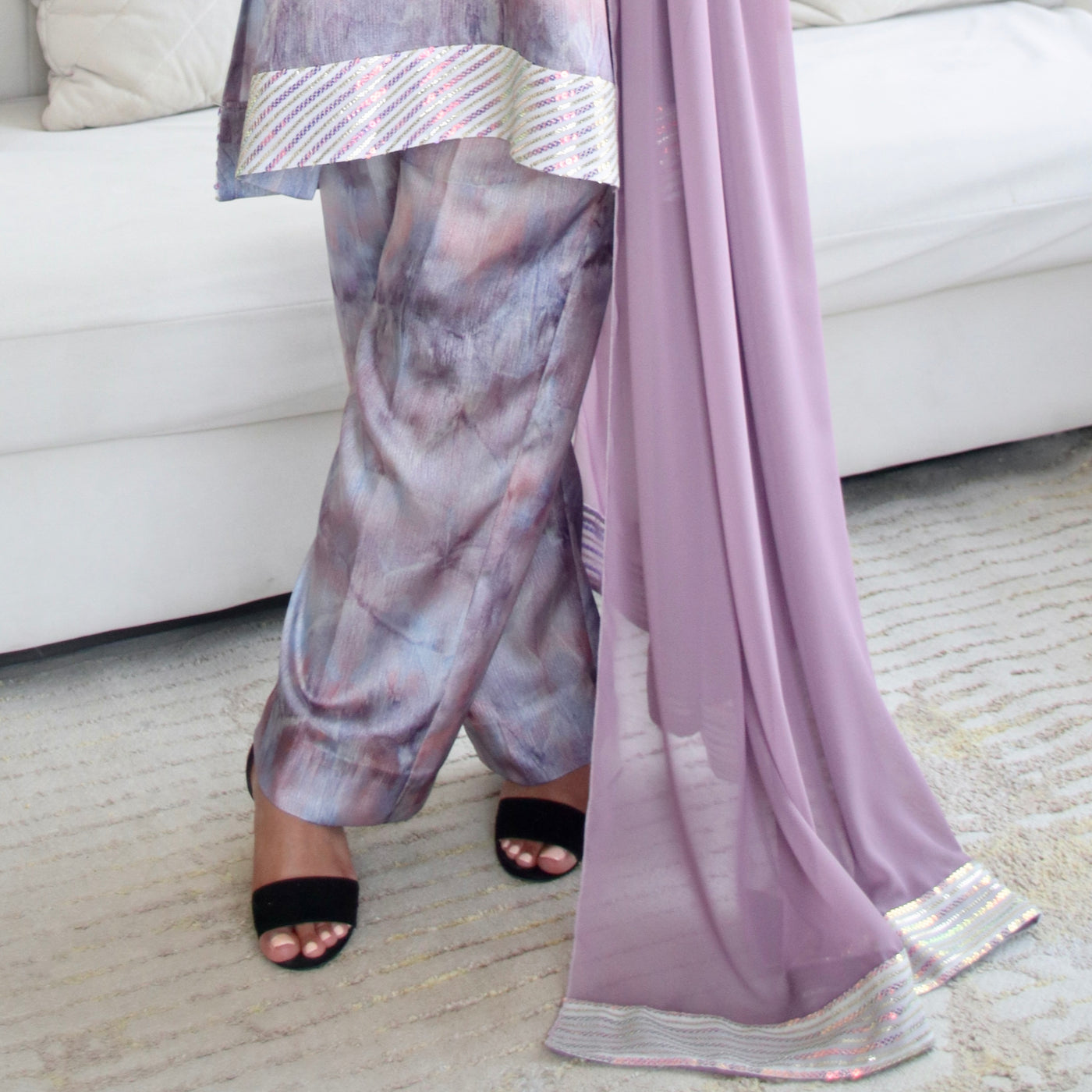 3-Piece Tie & Dye Short Shirt Set with Sequins and Mirror Lace