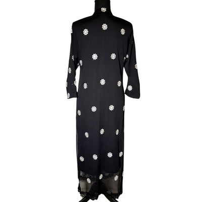 3 piece Black Chiffon Dress with White Embroidery and Silk Trouser