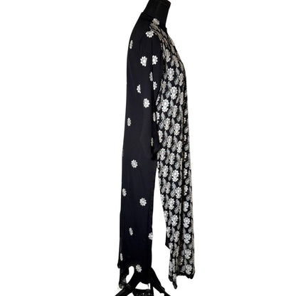 3 piece Black Chiffon Dress with White Embroidery and Silk Trouser
