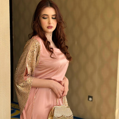 Pink Silk gown designed with fancy chiffon sequins fabric