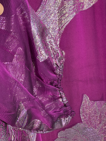 A Line Wine Purple Premium pure French silk chiffon fabric with gold metallic lurex in floral design