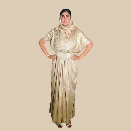Gold V-Neck Kaftan with Motif