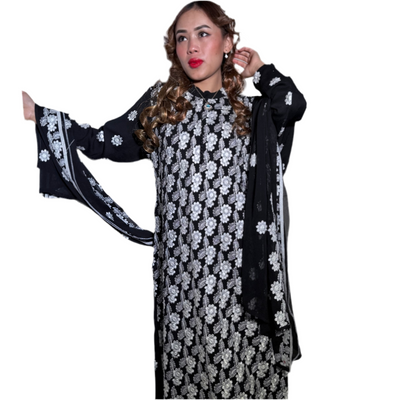 3 piece Black Chiffon Dress with White Embroidery and Silk Trouser
