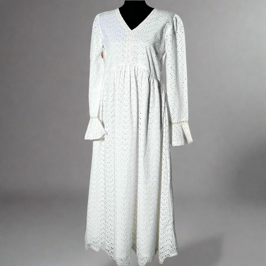 White Chicken Kari Maxi Length Frock with V Neck Style