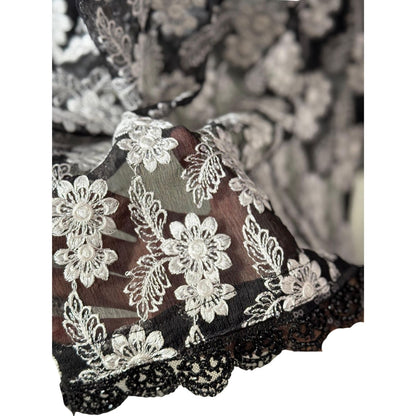 3 piece Black Chiffon Dress with White Embroidery and Silk Trouser
